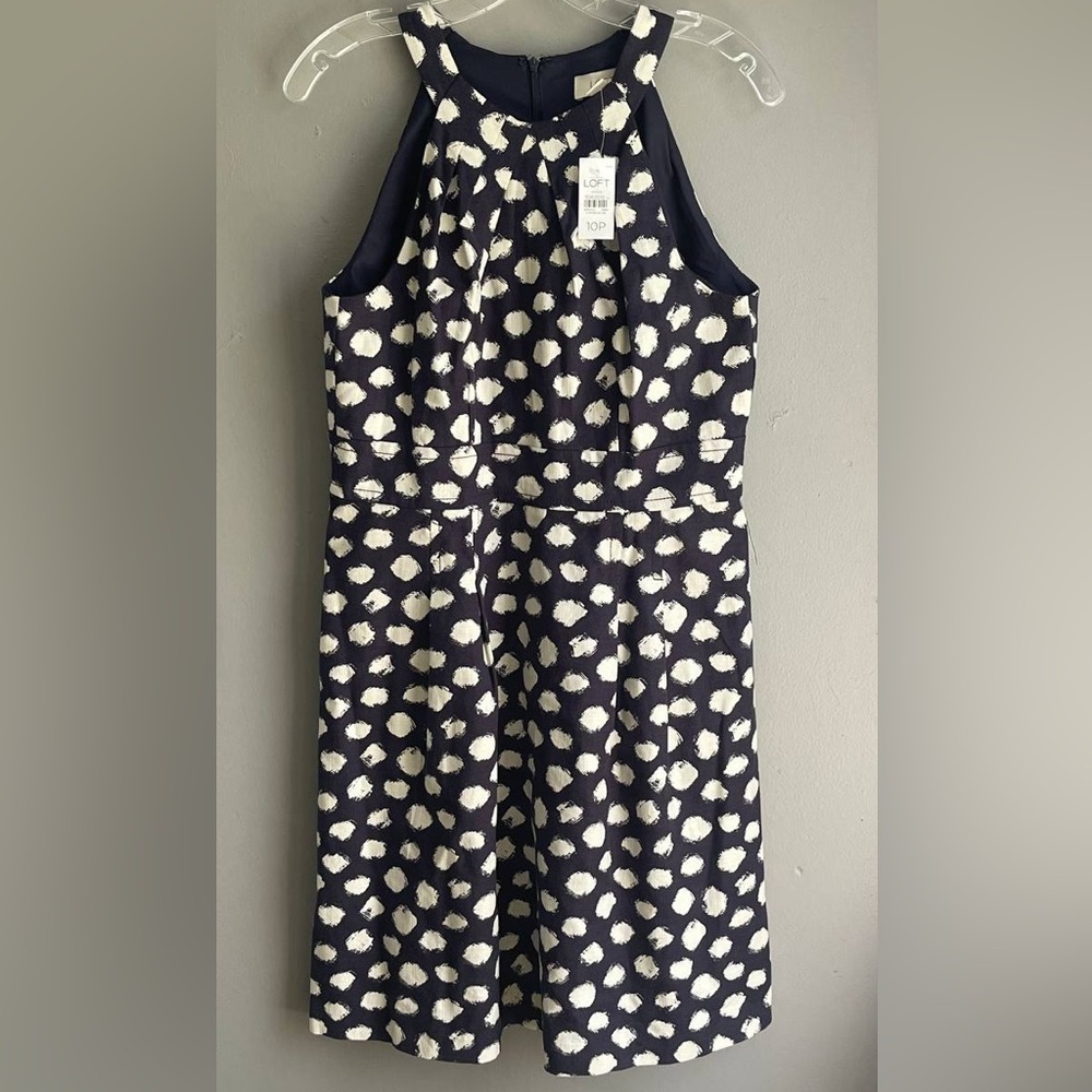 LOFT Halter Neck Navy Blue & White Polka Dots Sleeveless Dress Women's Sz 10P